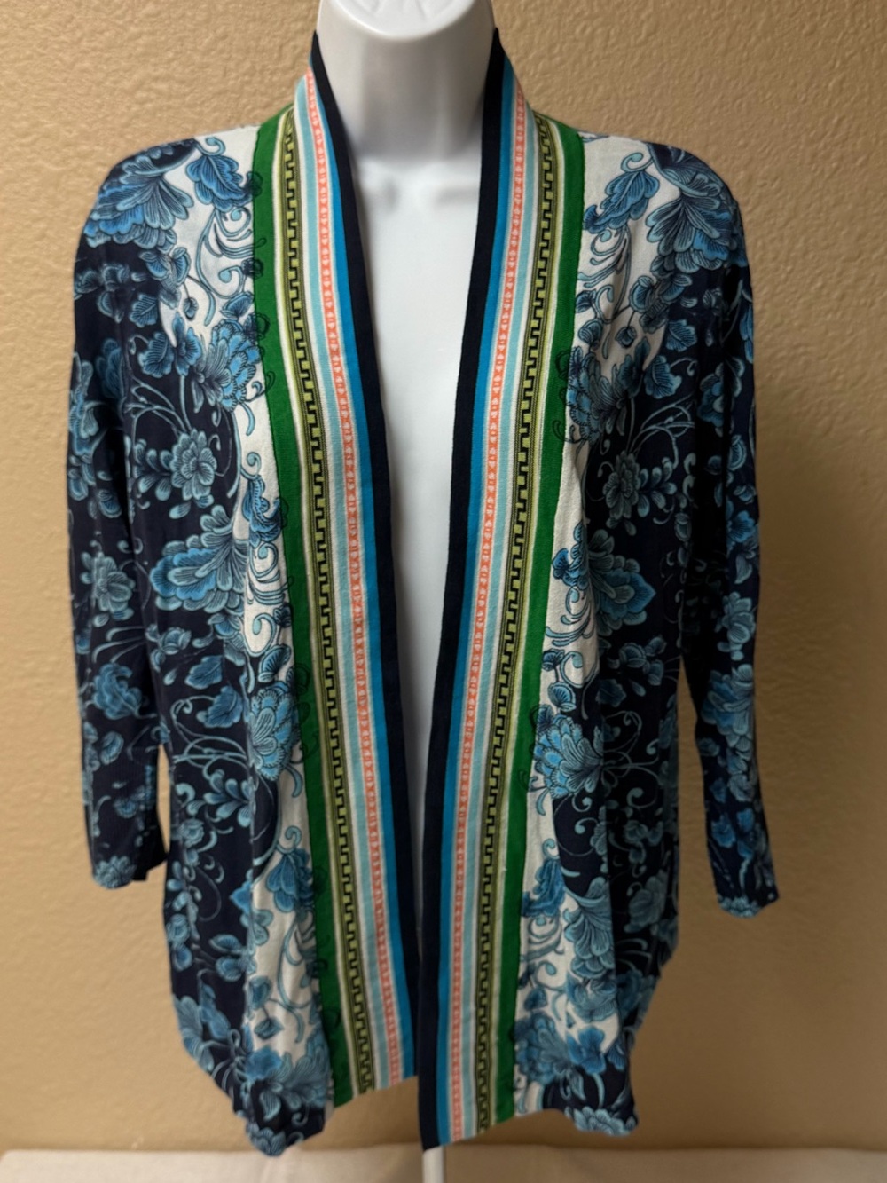 4/$20 Chico's Navy and Teal Floral Open-Front Cardigan with Striped Trim